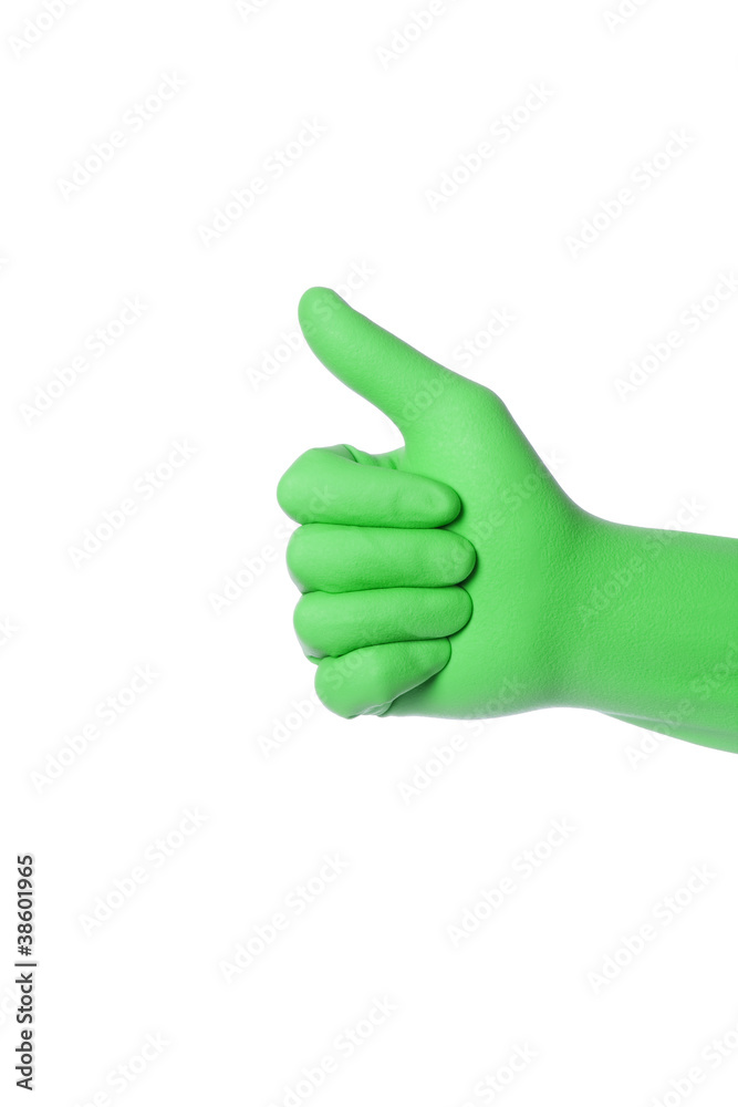 cleaner hand in green rubber glove gesturing ok