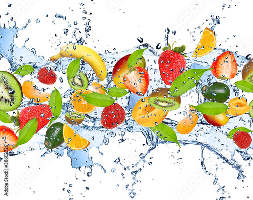 Fresh fruits in water splash, isolated on white background