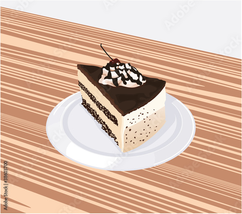 piece of chocolate cake with cherries lying on a white saucer