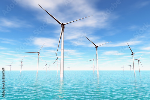 Windfarm in the sea 3D render