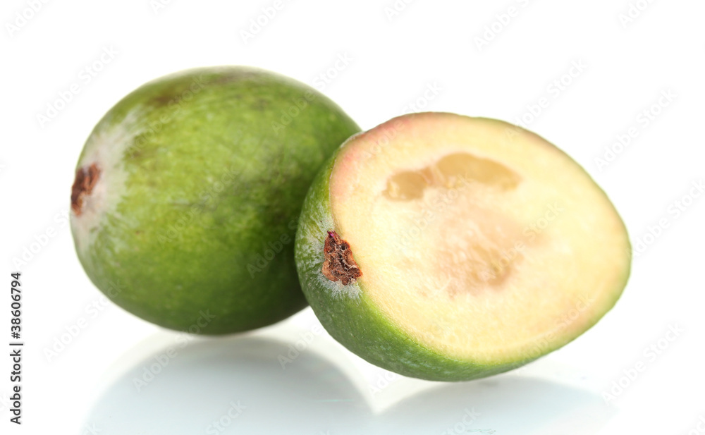 slsed feijoa fruit, isolated on white