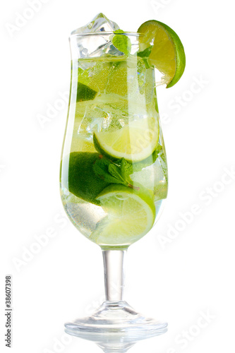 glass of cocktail with lime and mint isolated on white