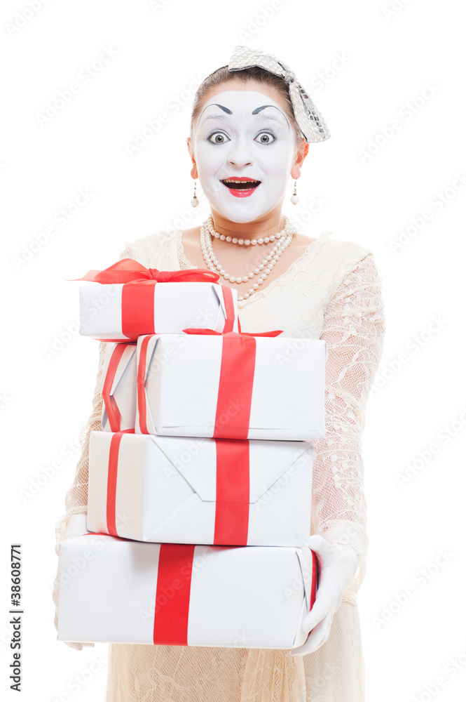 mime woman  holding many boxes of presents