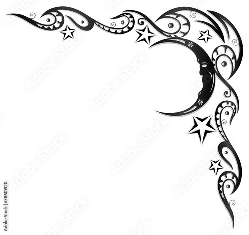 Mond, Tattoo, Tribal, Sterne, Ranke, black & grey