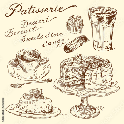cake, biscuit, coffee - hand drawn elements