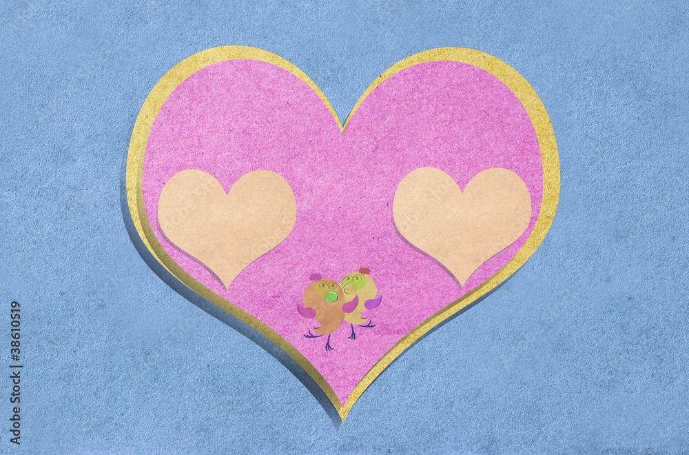 pink  heart and bird recycled paper craft .