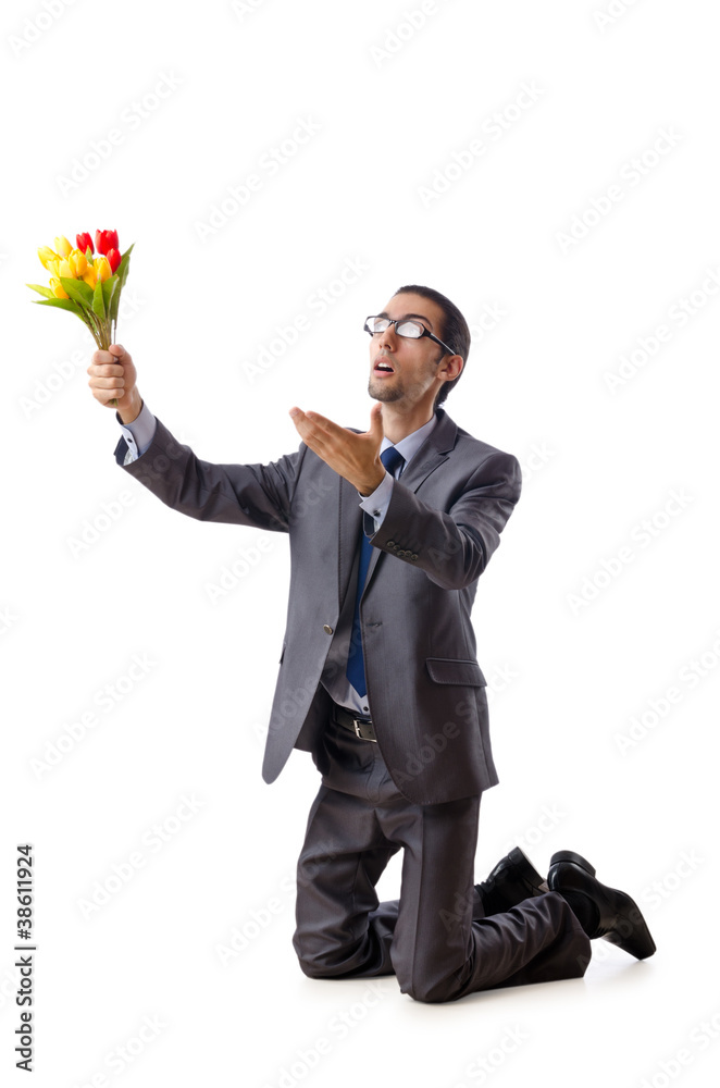 Businessman offering tulip flowers Businessman offering tulip flowers