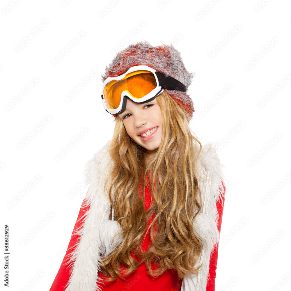 kid girl with snow winter glasses and white fur kid girl with snow winter glasses and white fur
