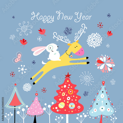 Christmas card with a deer and hare