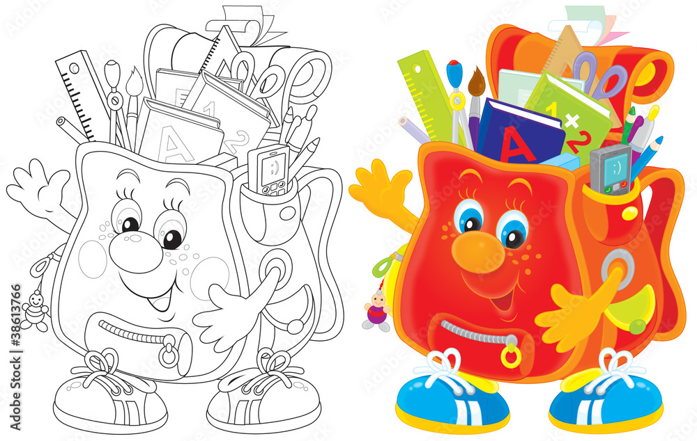 Funny satchel with school objects