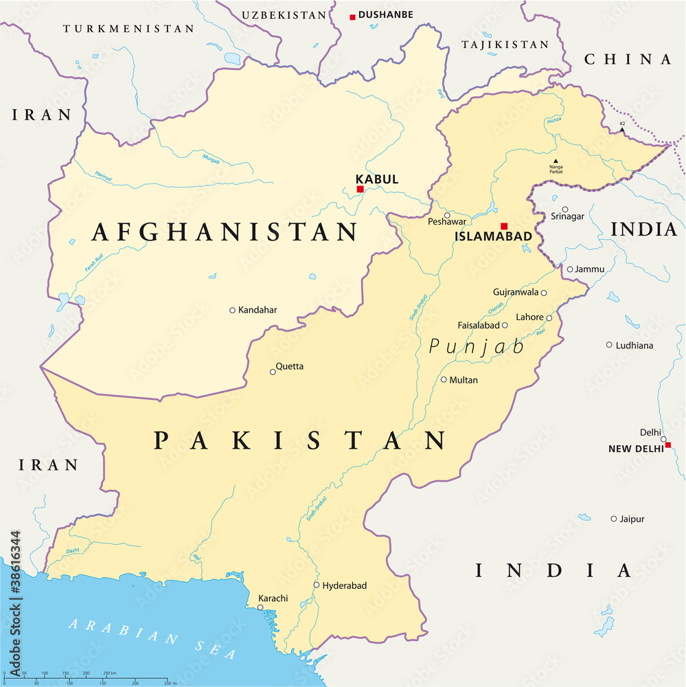 Afghanistan and Pakistan political map with capitals Kabul and Islamabad, with national borders, most important cities, rivers and lakes. Illustration with English labeling and scaling. Vector.
