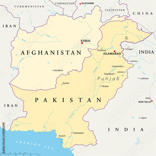 Afghanistan and Pakistan political map with capitals Kabul and Islamabad  with national borders  most important cities  rivers and lakes. Illustration with English labeling and scaling. Vector.
