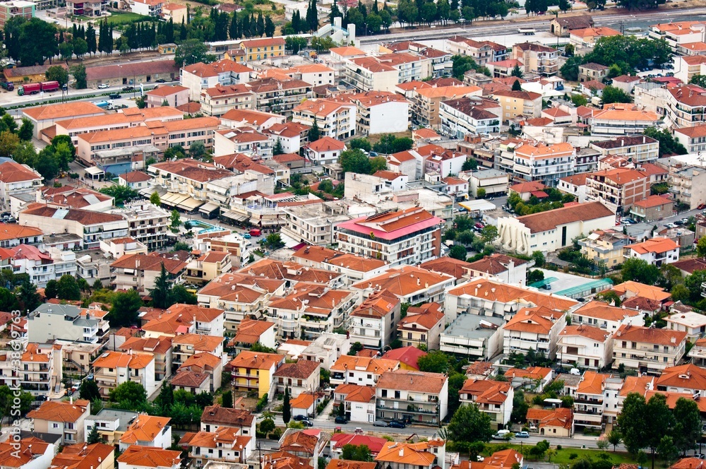 Aerial view of a village with small houses