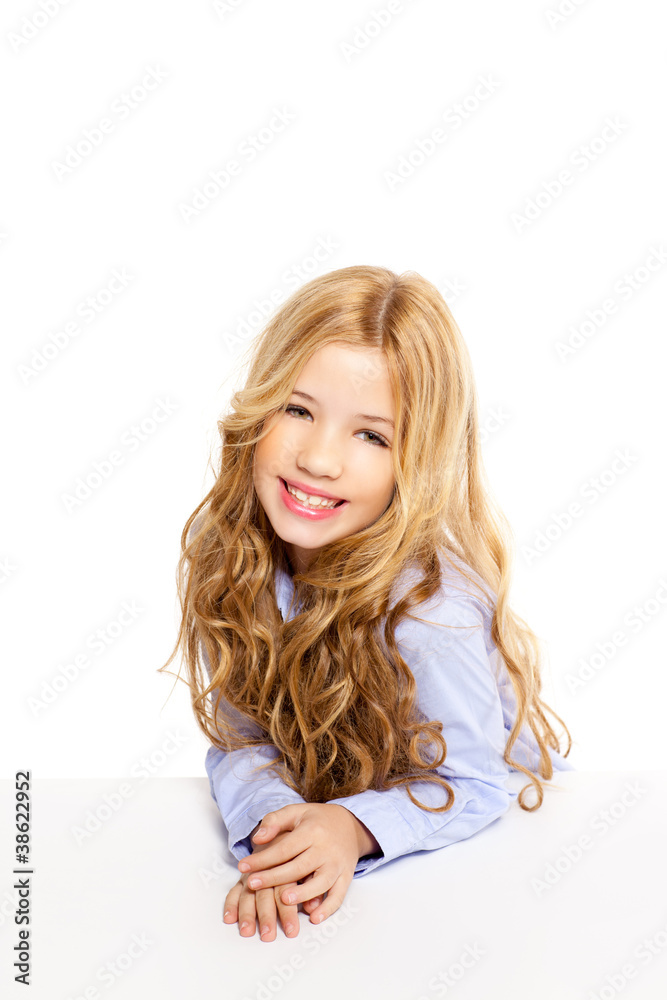 blond kid little girl portrait smiling on a desk in white blond kid little girl portrait smiling on a desk in white