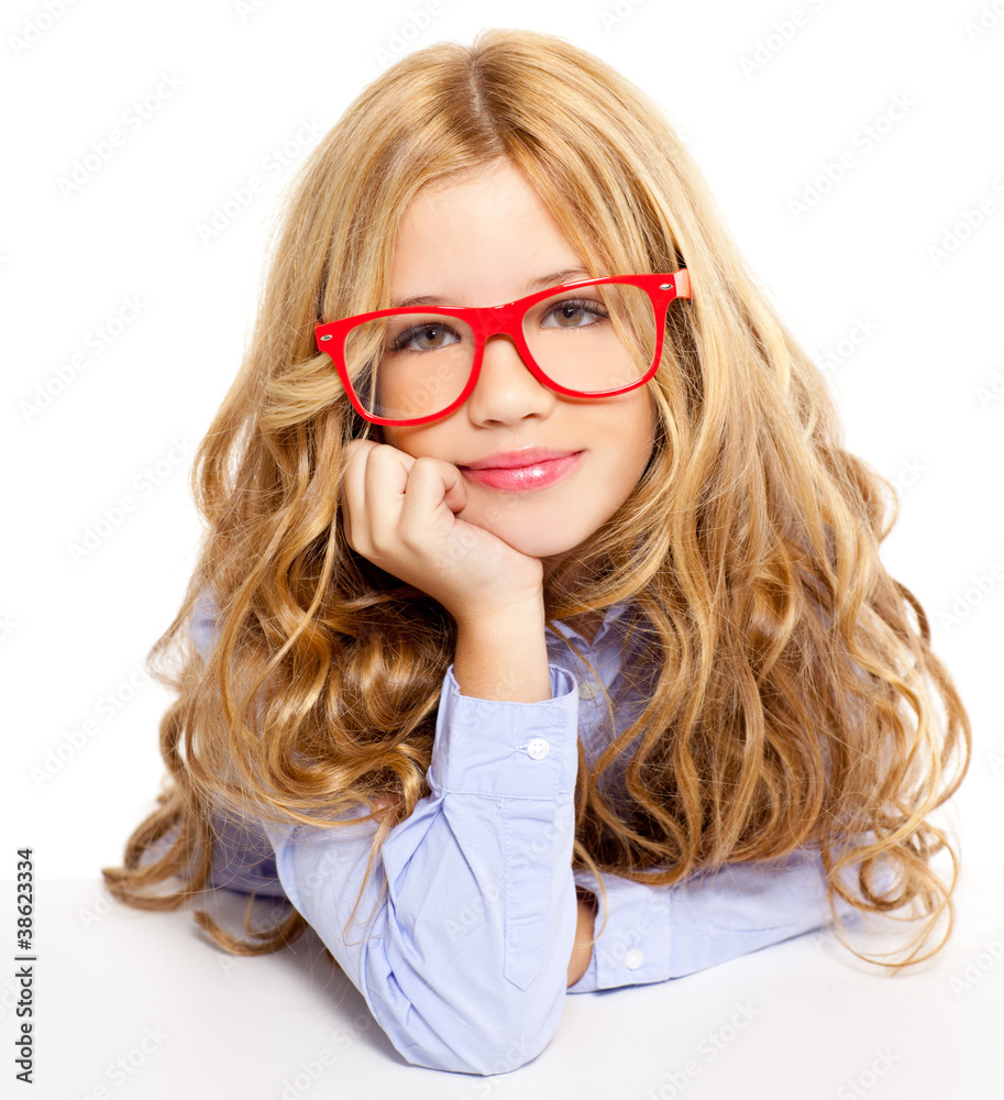 blond fashion kid girl with glasses portrait on white blond fashion kid girl with glasses portrait on white