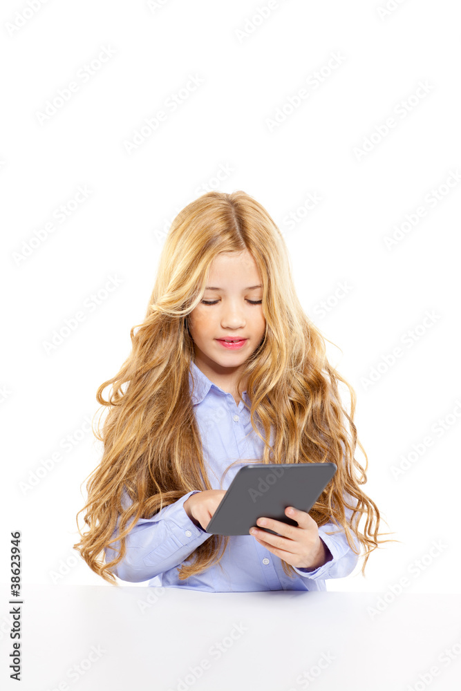blond student kid with ebook tablet pc portrait in desk blond student kid with ebook tablet pc portrait in desk