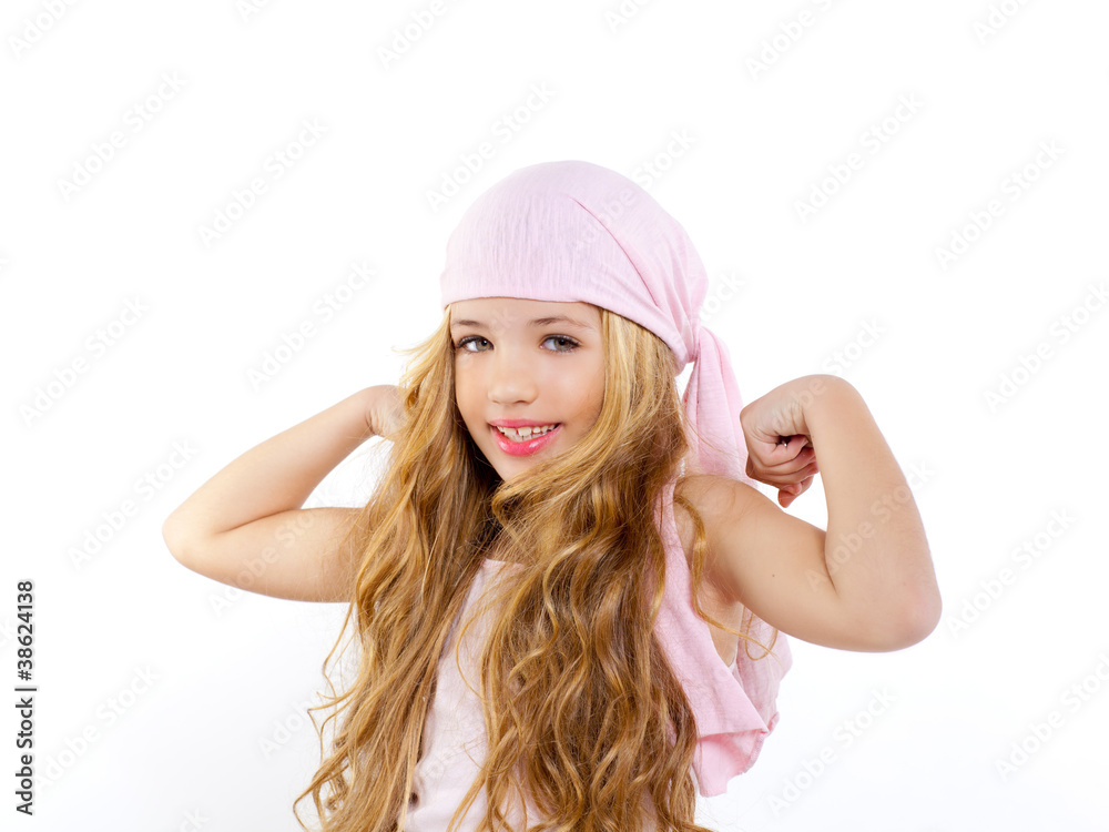 kid girl with pirate handkerchief showing her biceps kid girl with pirate handkerchief showing her biceps