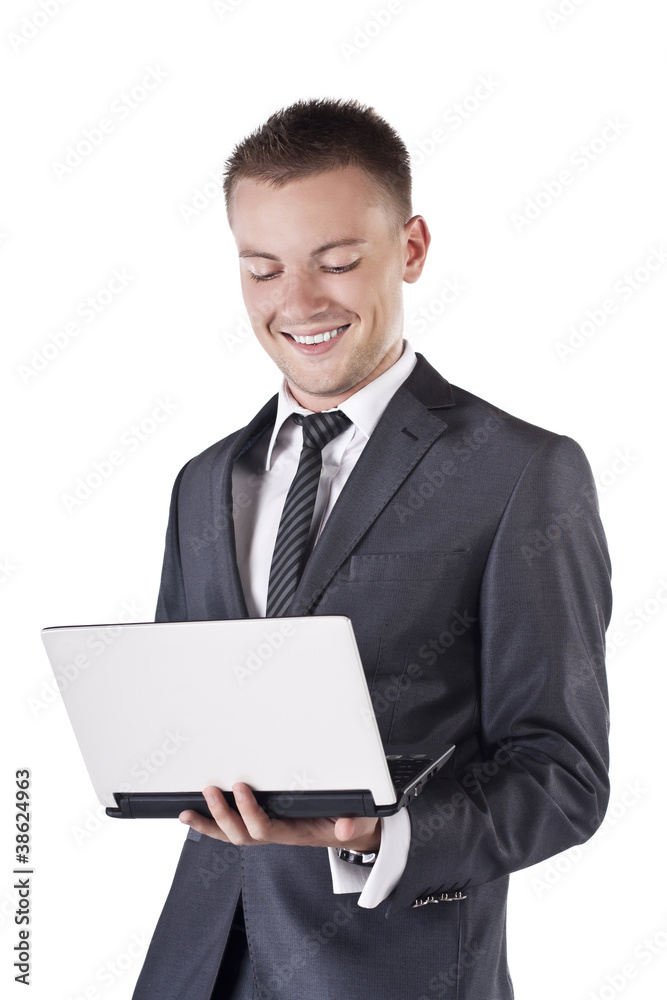 Businessman with open laptop in his hands, smile Businessman with open laptop in his hands, smile