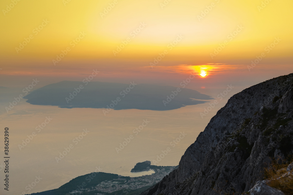 Island Brac and sunset at Biokovo, Croatia