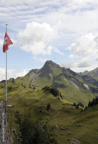 Swiss flag and Faulhorn from Schynige Platte