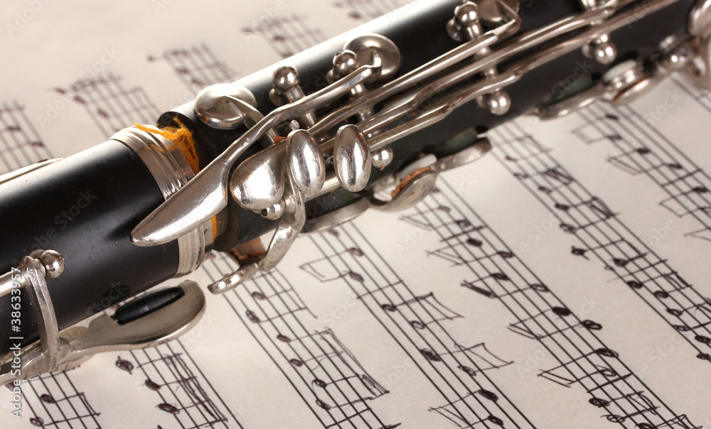 Fototapeta premium close up detail of clarinet and notebook with notes