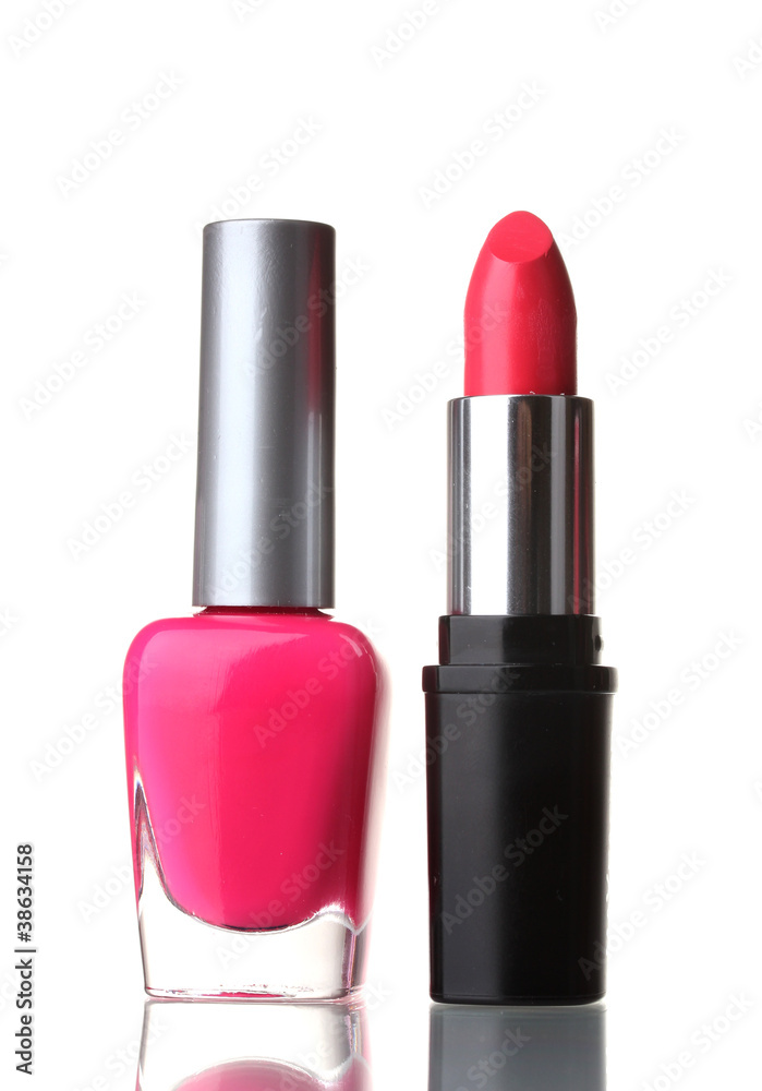Pink lipstick and nail polish isolated on white background Pink lipstick and nail polish isolated on white background