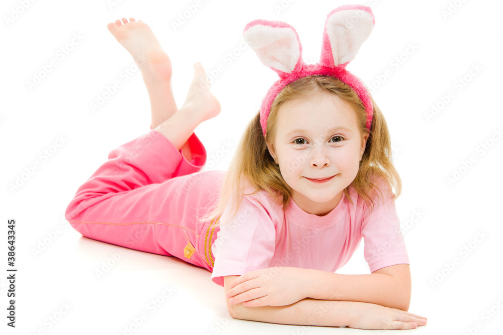 The little girl with pink ears bunny on white background. The little girl with pink ears bunny on white background.