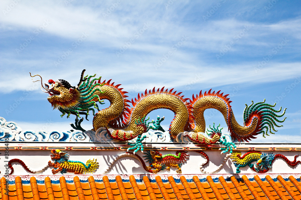 Fototapeta premium Colorful dragon statue on china temple roof.