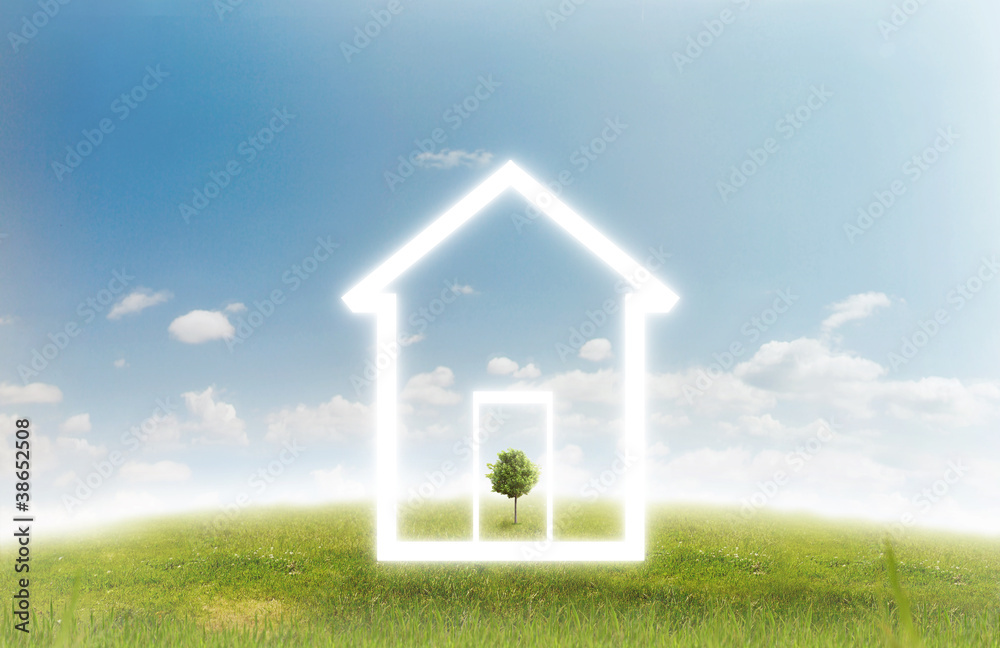house icon on green grass meadow house icon on green grass meadow