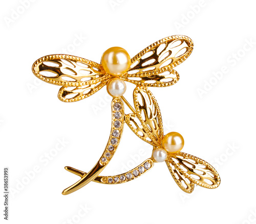 Bild auf Leinwand Beautiful golden brooch with precious stones isolated on white.