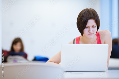 Pretty young college student studying in the library