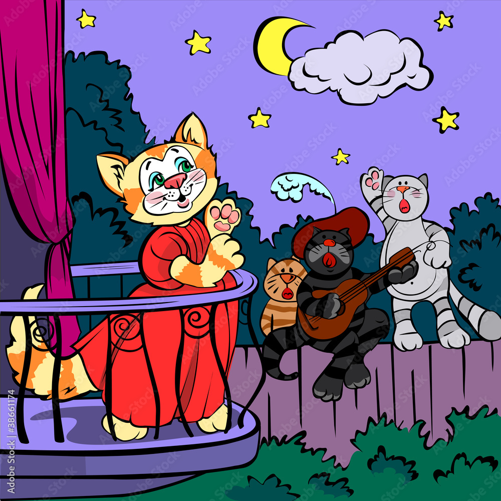 Three singing cats, vector drawing