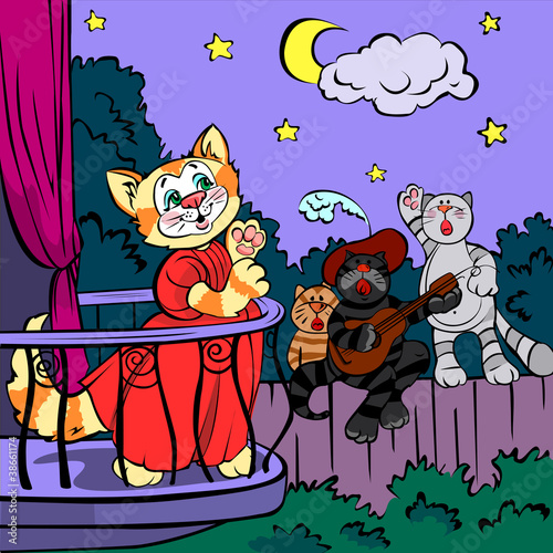 Three singing cats, vector drawing