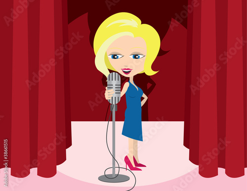 Woman singer holding microphone on stage with curtain