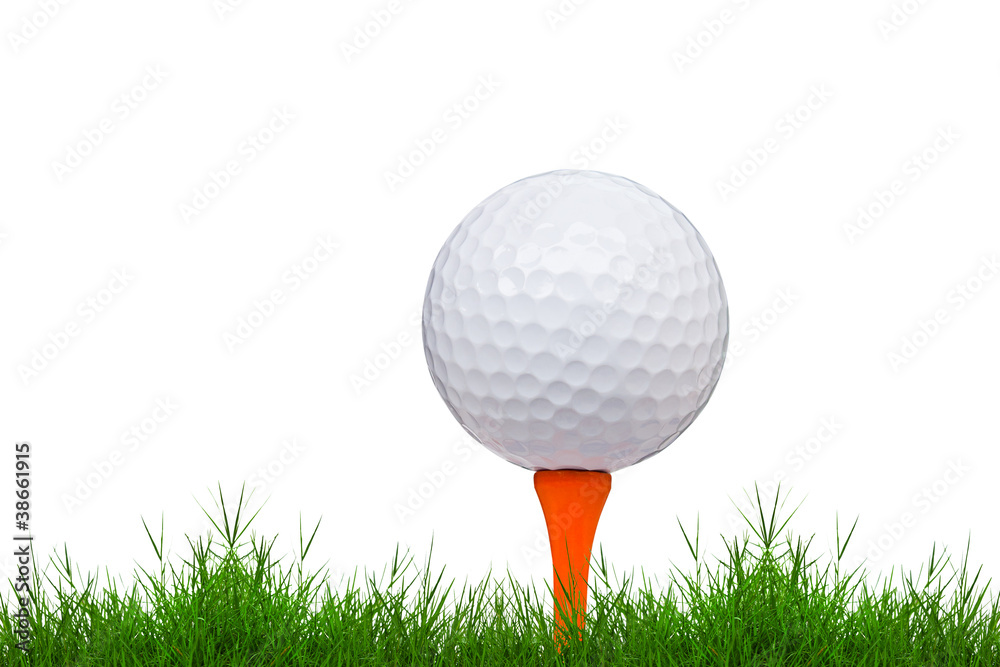 golf ball and tee on green grass isolated
