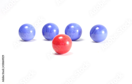 single red ball and blue balls