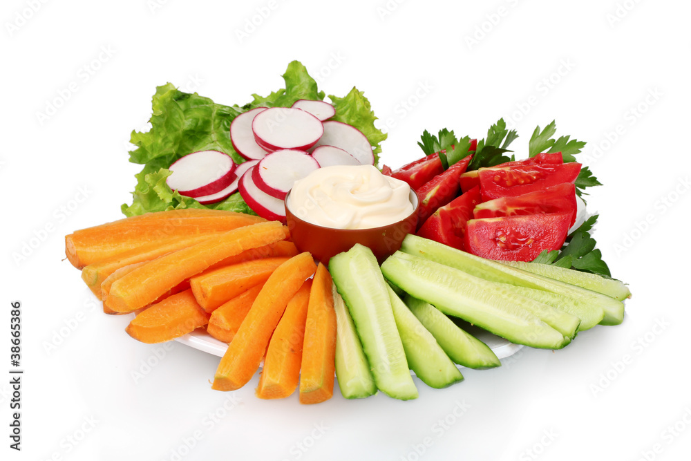 Chopped vegetables and sauce on plate isolated on white Chopped vegetables and sauce on plate isolated on white