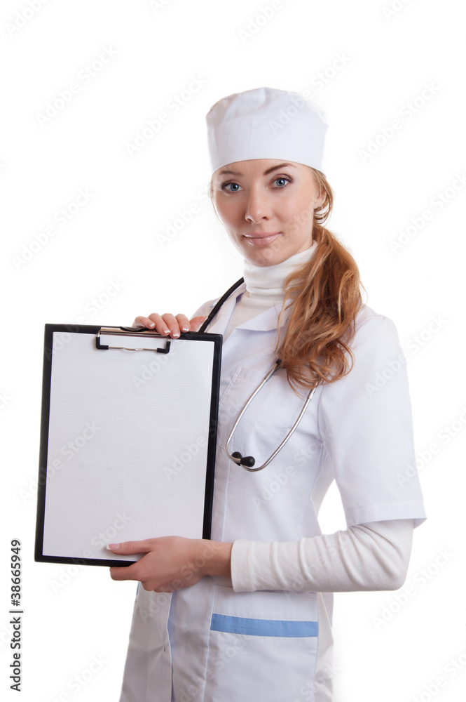 Medical doctor woman with stethoscope and papers with copyspace Medical doctor woman with stethoscope and papers with copyspace
