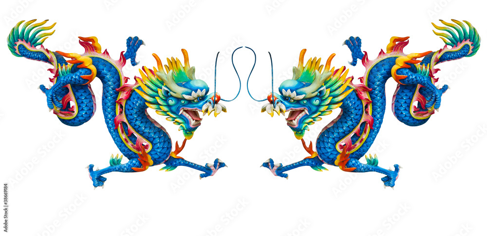 Obraz premium Twin blue dragon statues on white background with reflection