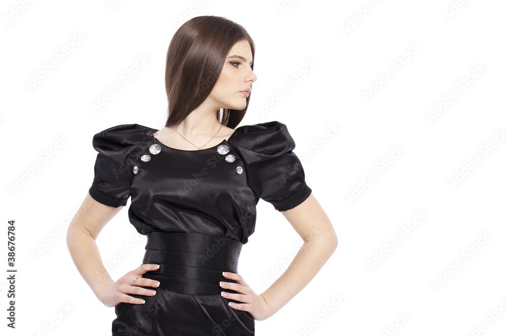 Fashion beautiful girl in black dress glossy hair Fashion beautiful girl in black dress glossy hair
