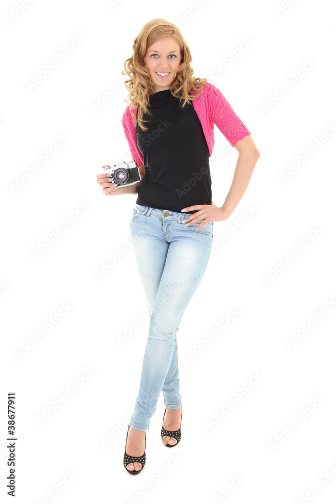 Blonde woman with retro camera