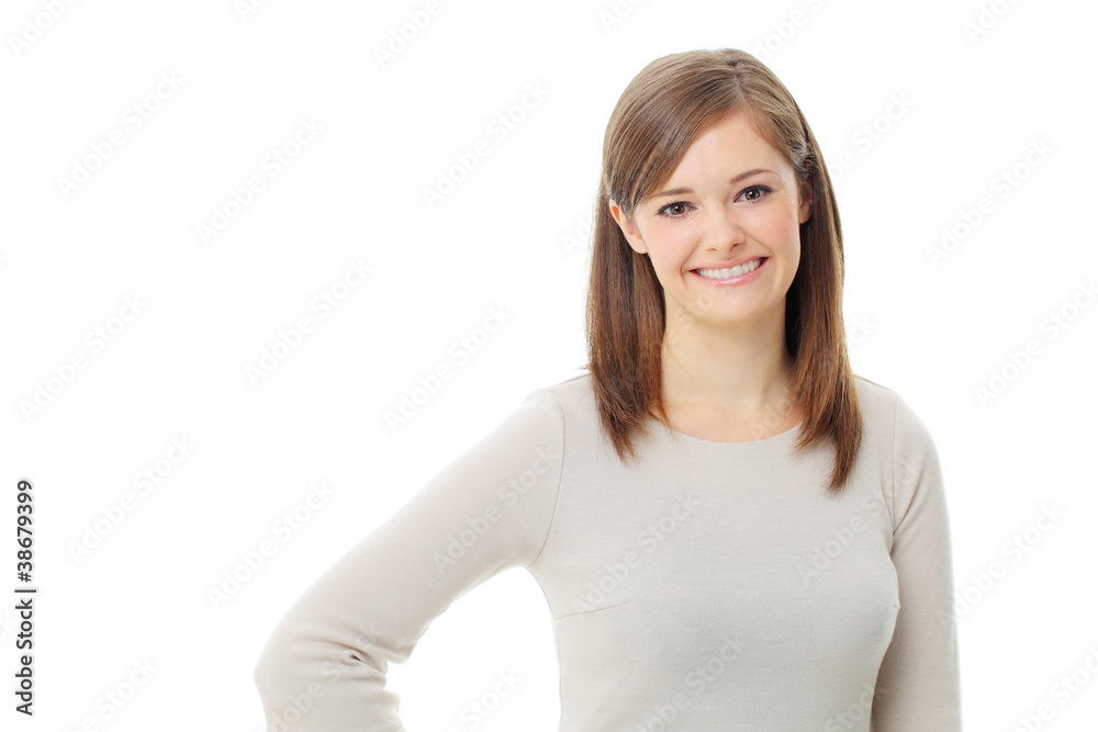 Young smiling happy woman portrait on white. isolated Young smiling happy woman portrait on white. isolated