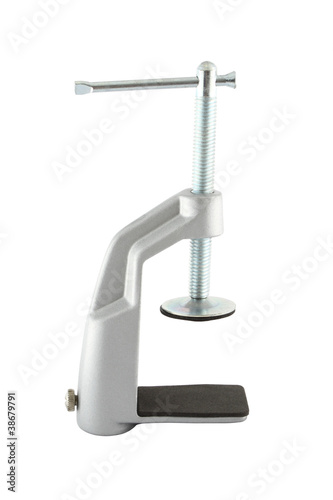 Metal clamp on white background.
