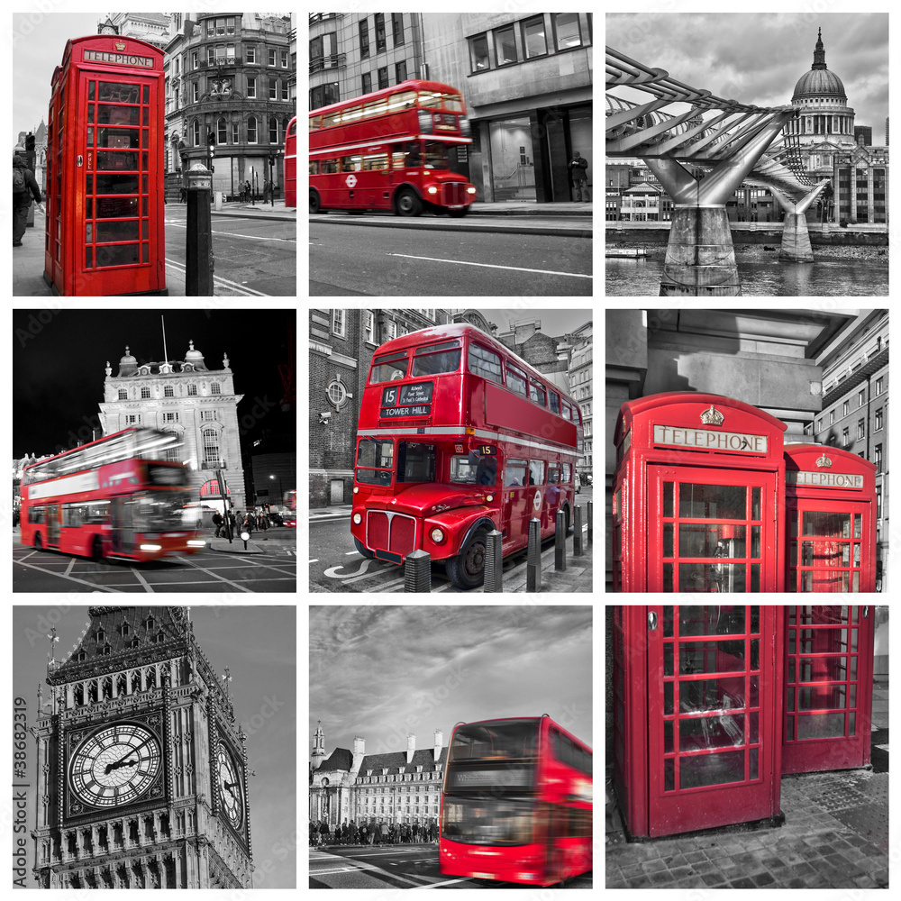 Obraz premium Kwadratowy autobus kolażowy, telefon, big ben, kolor czerwony i czarno-biały w Londynie (UK)