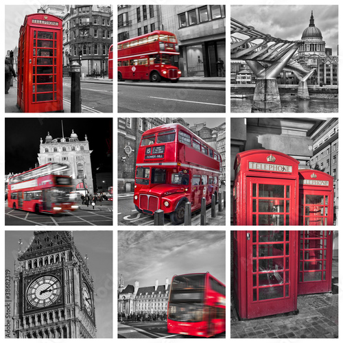 Collage carré bus, téléphone, big ben, couleur rouge et noir et blanc à Londres (UK)