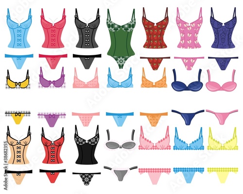 many different lingerie on white background