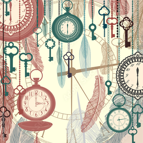 Vintage vector background with pocket watches and feathers
