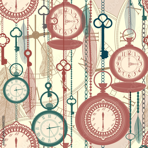 Vintage seamless pattern with watches, feathers and keys