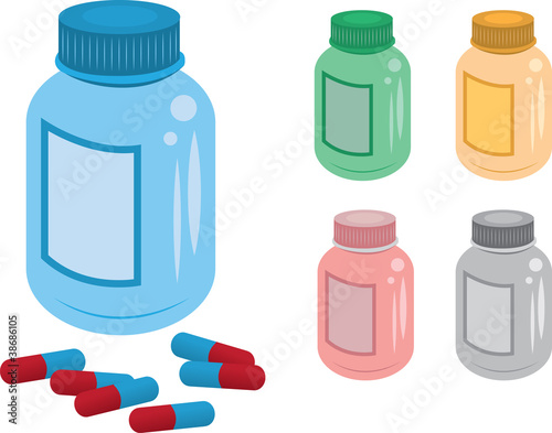 Various colored pill bottles and pills