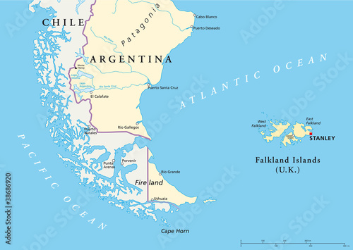 Falkland Islands and part of South America political map with national borders, most important cities, rivers and lakes. Illustration with English labeling and scaling. Vector.